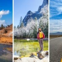 A collage of photos featuring Yosemite National Park, California Hot Springs, and the Extraterrestrial Highway in Nevada.