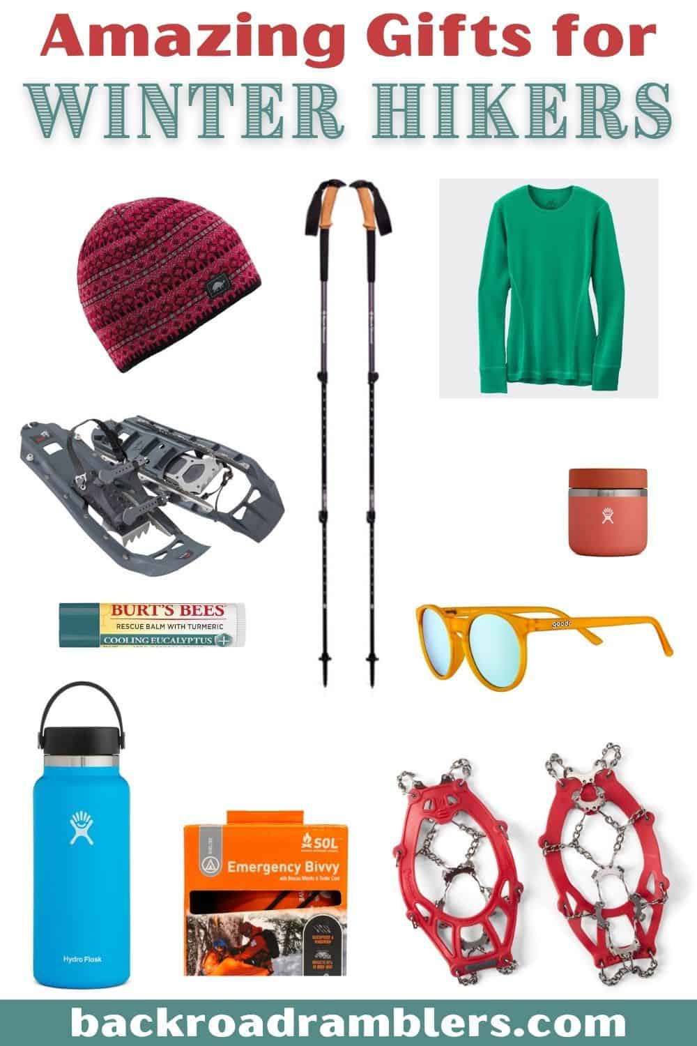 A collage of photos featuring the bet gifts for hikers who love winter. 