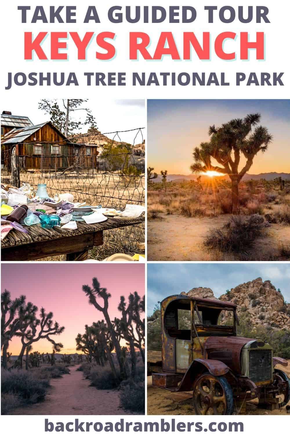 A collage of photos featuring Keys Ranch in Joshua Tree National Park. 