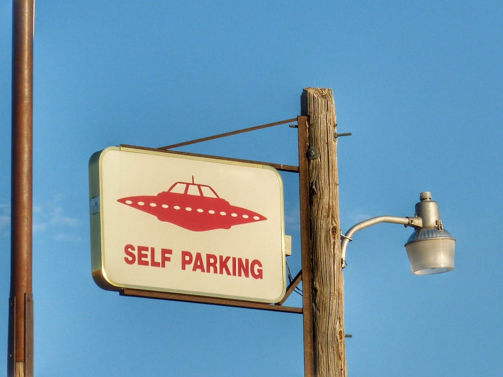 A sign for UFO parking in Rachel, Nevada.