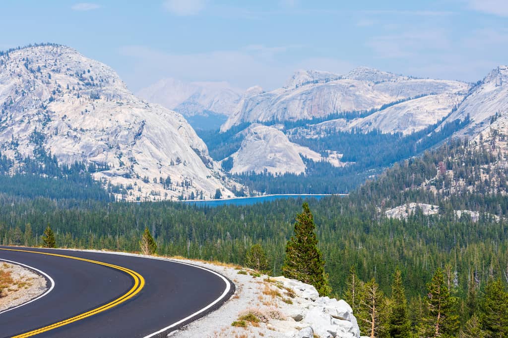 The view of Tioga Road and Olmstead Point in Yosemite National Park.