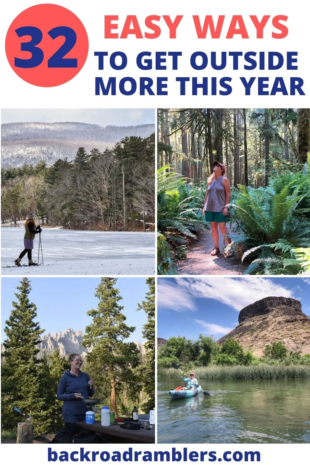  A collage of photos featuring outdoor activities. Text overlay: How to Get Outside More this Year.