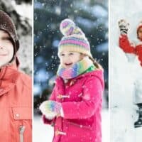 A collage of kids dressed in winter layers.