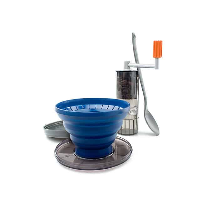 A photo of a drip cone for coffee and a small hand-held coffee grinder by GSI Outdoors.
