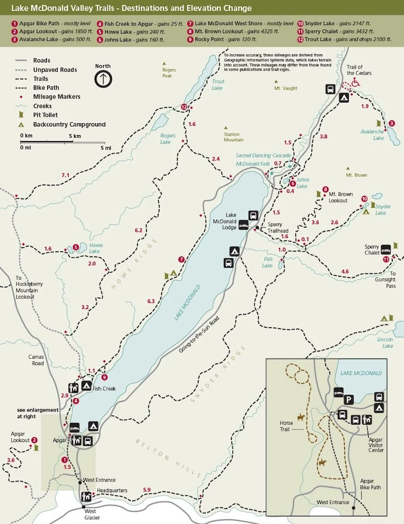 A map of hiking trails around Lake McDonald in Glacier National Park in Montana.