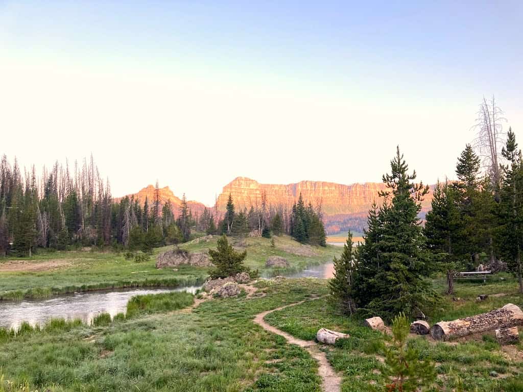 A sunset view of Brooks Lake creek from Pinnacles Campground in Wyoming.