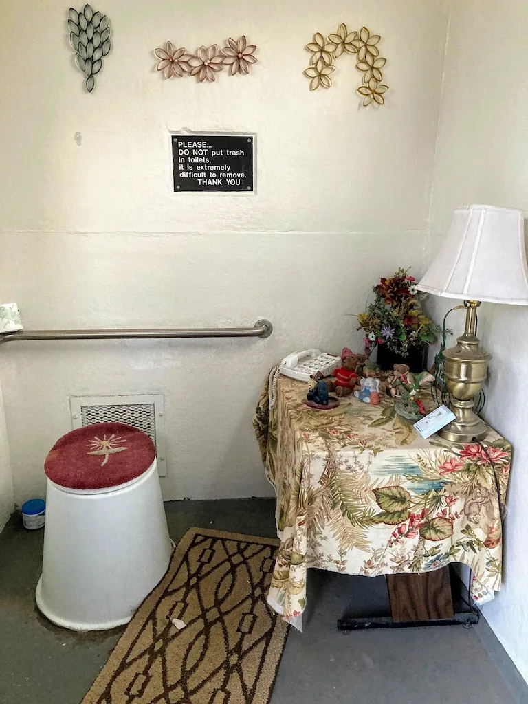 The inside of the outhouse at Pinnacles Campground.