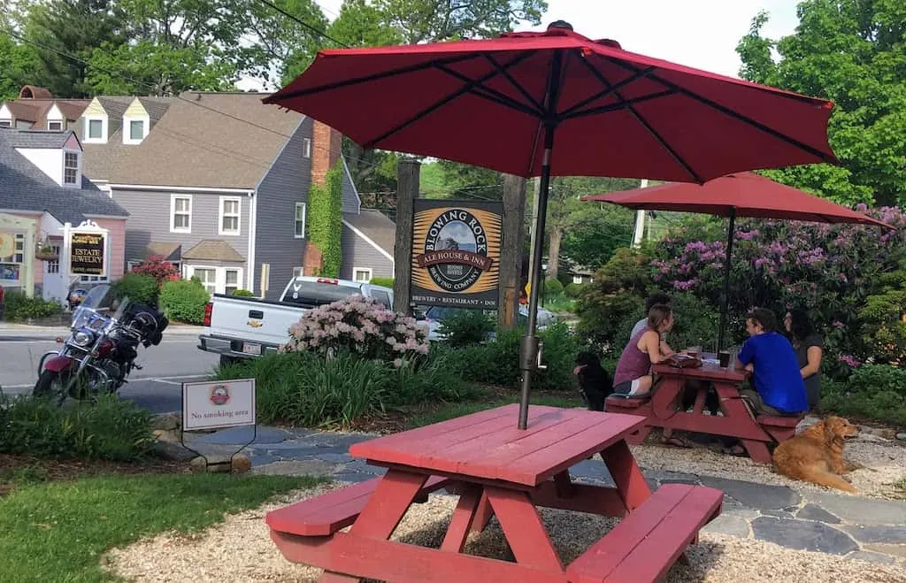 The outdoor seating area at Blowing Rock Ale House in Blowing Rock, North Carolina.