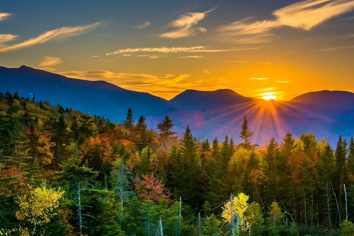 Sunset over the Kancamagus Highway in Lincoln, New Hampshire