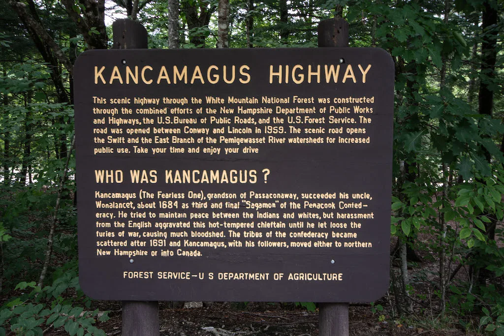 Information sign on the Kancamagus Highway, one of the best things to do in Lincoln New Hampshire.