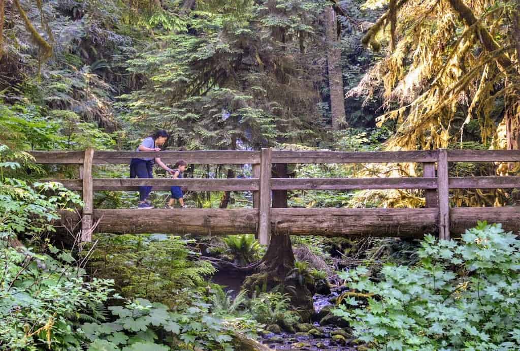 A woman and a young child cross a footbridge on the Marymere Falls Trail in Washington.