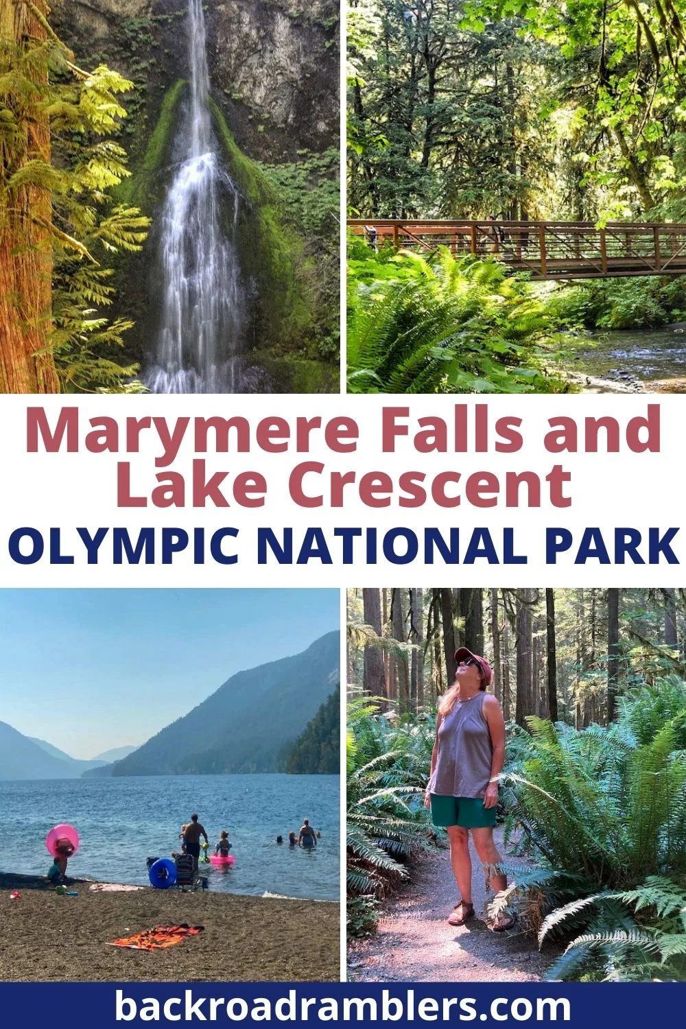 A collage of photos featuring Marymere Falls and Olympic National Park. Text overlay: Marymere Falls and Lake Crescent in Olympic National Park.