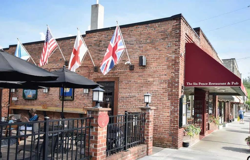 The Outdoor seating area at Six Pence Pub in Blowing Rock, North Carolina.