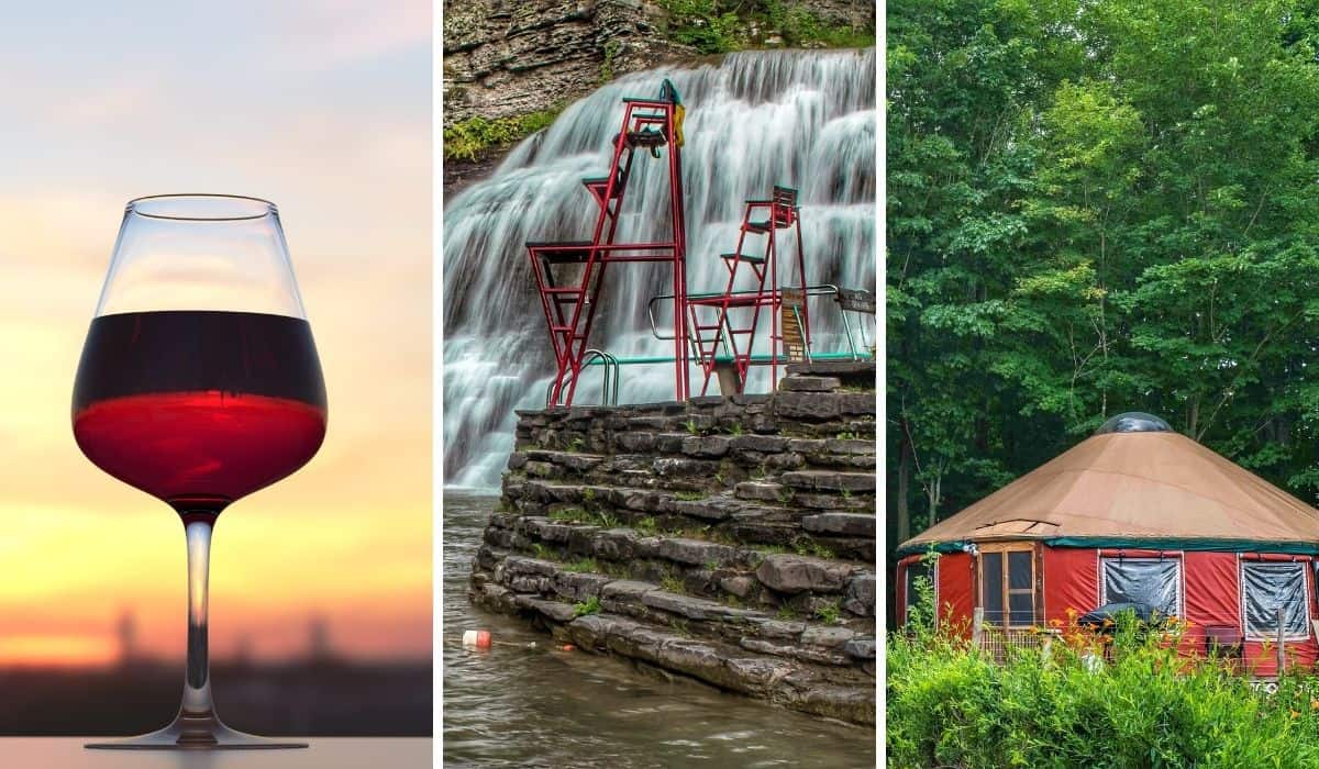 A collage of photos featuring a wine and waterfall Finger Lakes road trip in New York.