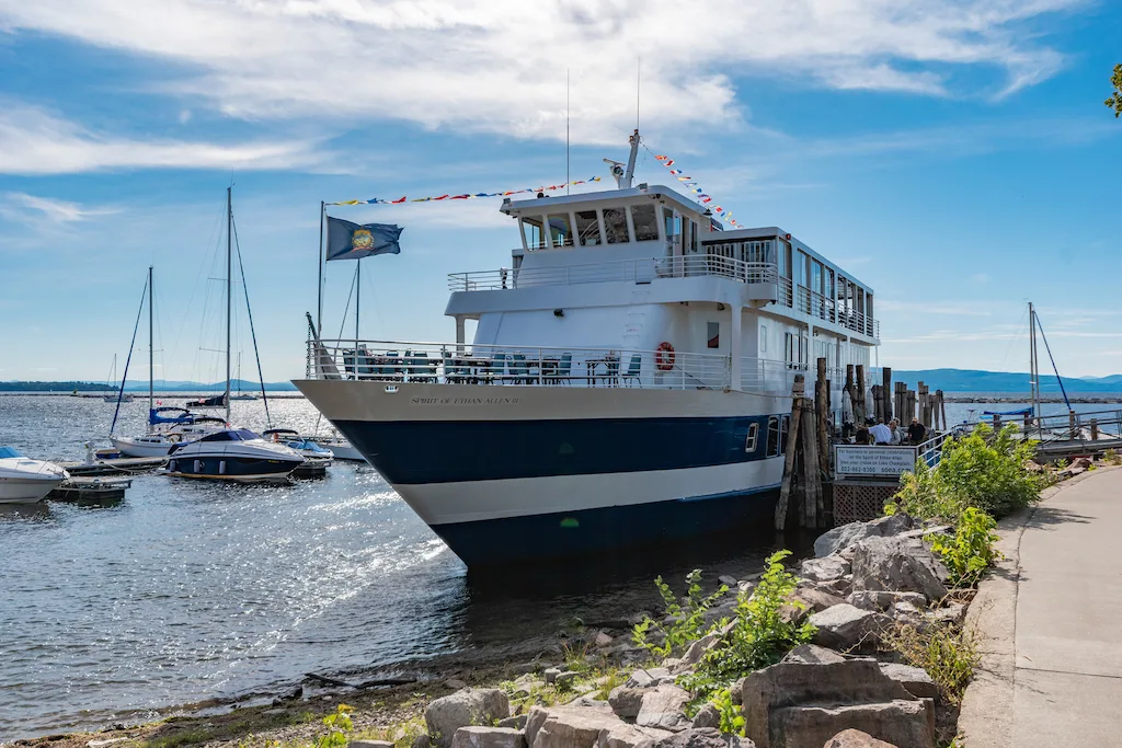 A cruise ship on the shores of Lake Champlain in Vermont. 