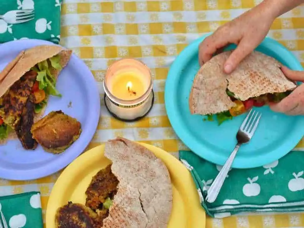 several plates of food on a picnic table.