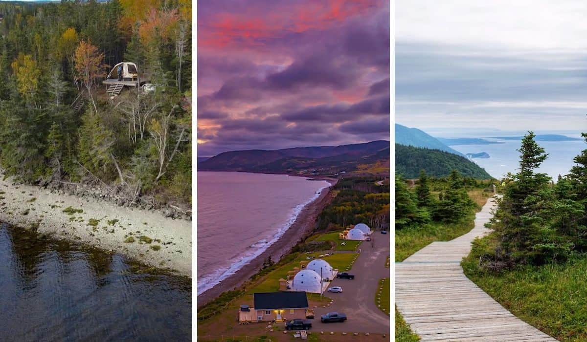 A collage of photos featuring glamping in Cape Breton.