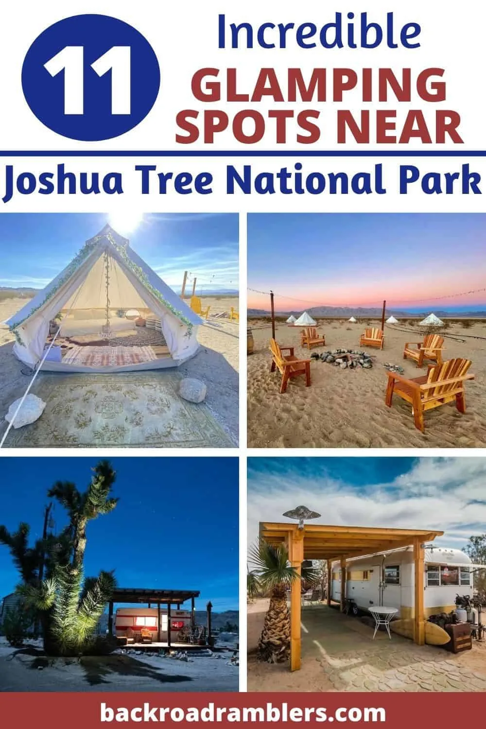 A collage of photos featuring places you can go glamping in Joshua Tree National Park.
