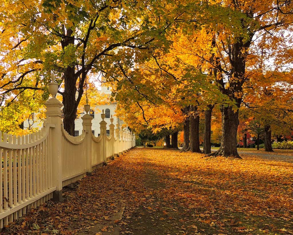 Monument Avenue leading to the Old First Church in Bennington, Vermont in the fall.
