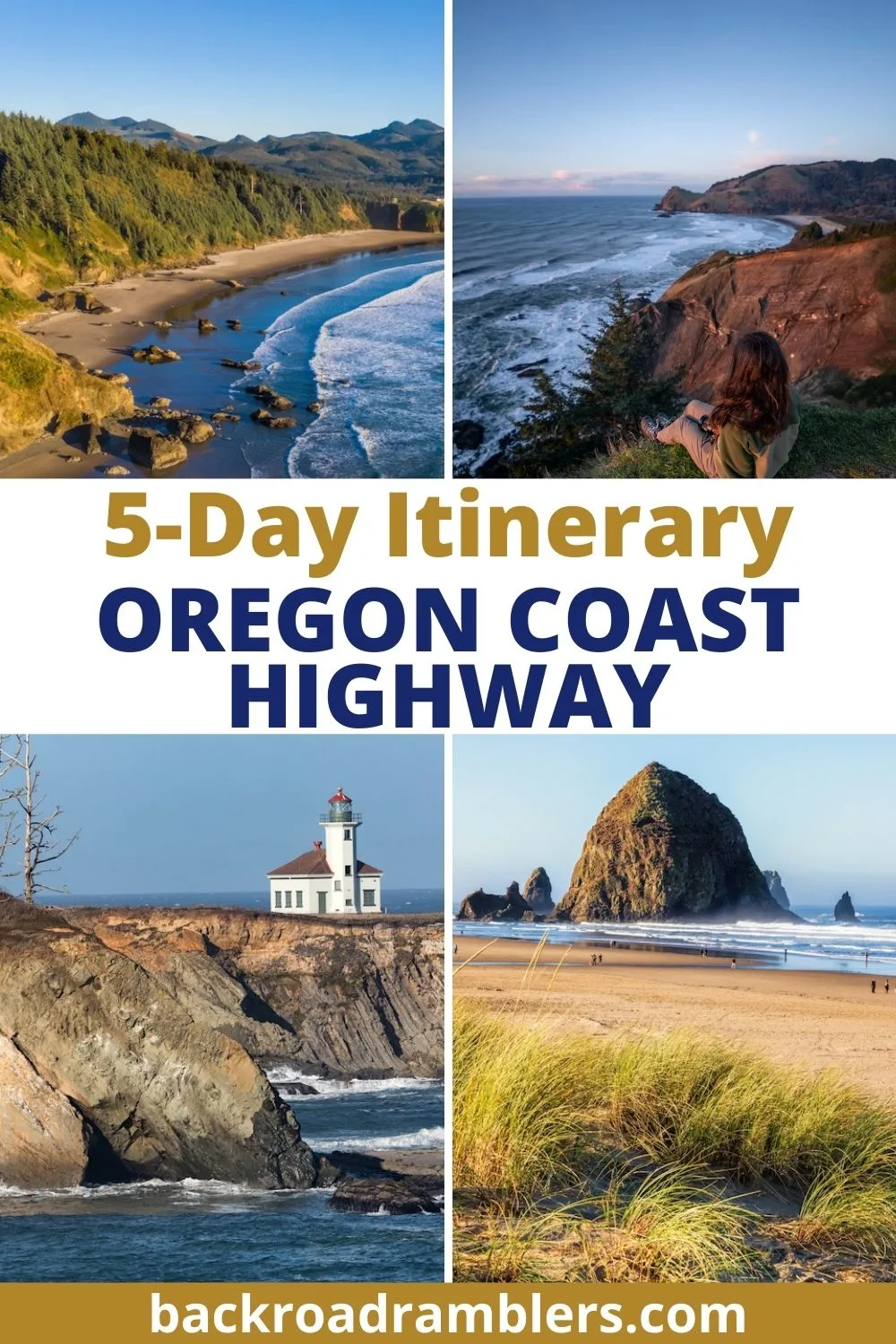 A collage of photos featuring the Oregon Coast. Text overlay: 5-day itinerary Oregon Coast Highway.