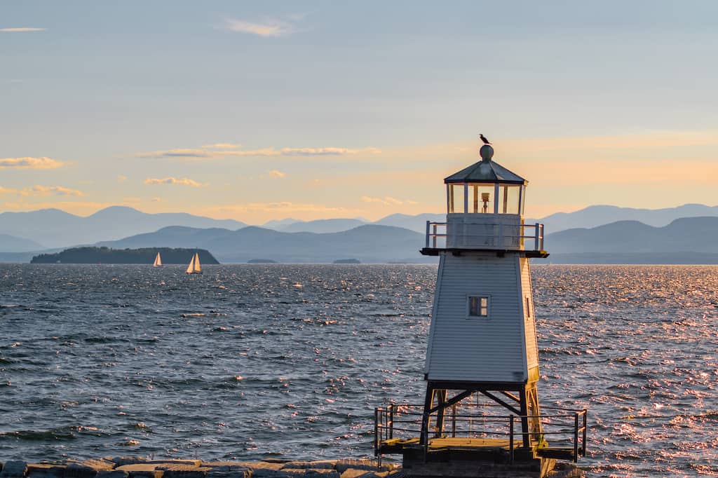 A lighthouse on Lake Champlain in Burlington, Vermont.
