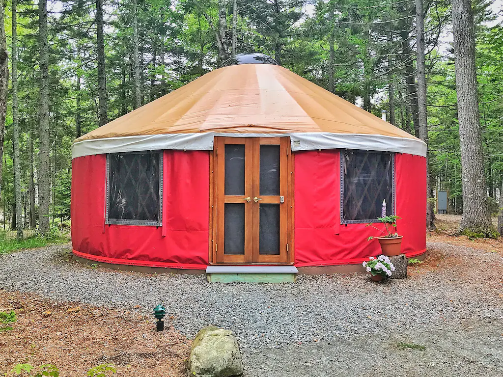 A bright red yurt near Acadia National Park in Maine. 