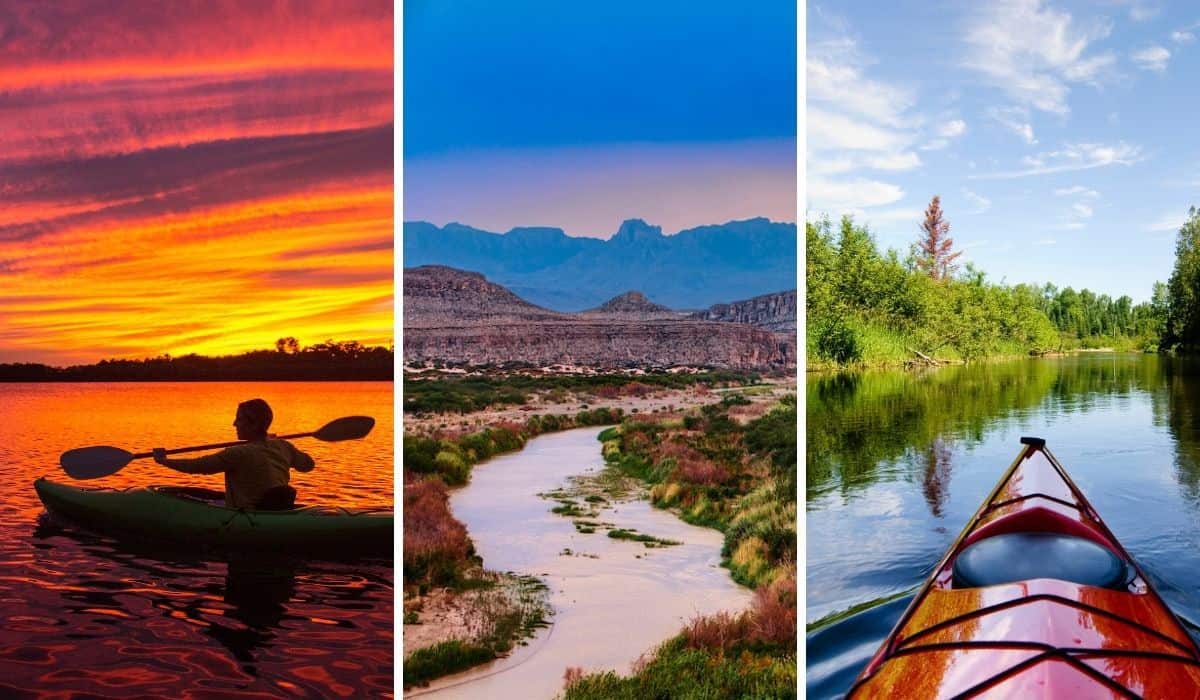 A collage of photos featuring the best national parks for kayaking and canoeing.