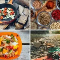 A collage of photos featuring meals outdoors using a DIY camping spice kit.