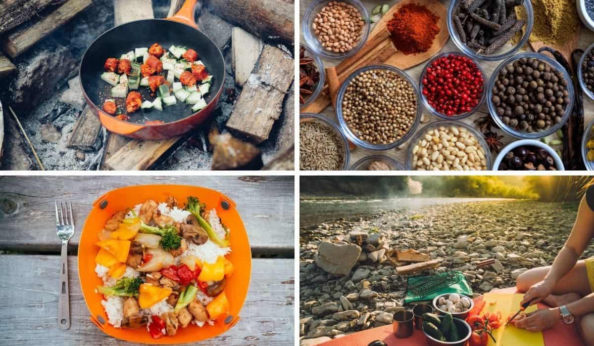 A collage of photos featuring meals outdoors using a DIY camping spice kit.