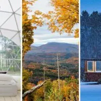 A collage of photos featuring spots to go glamping in the Catskills.