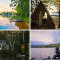 a collage of photos featuring glamping in Maine.