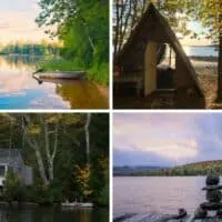 a collage of photos featuring glamping in Maine.