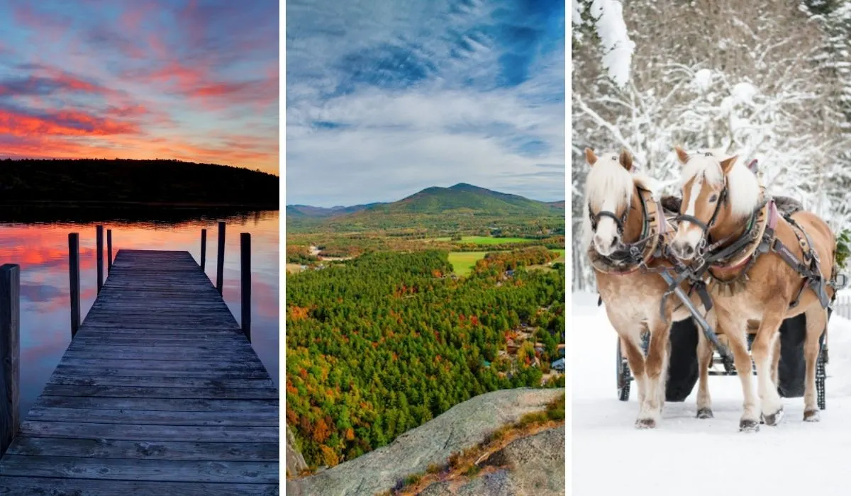 A collage of photos featuring romantic getaways in New Hampshire