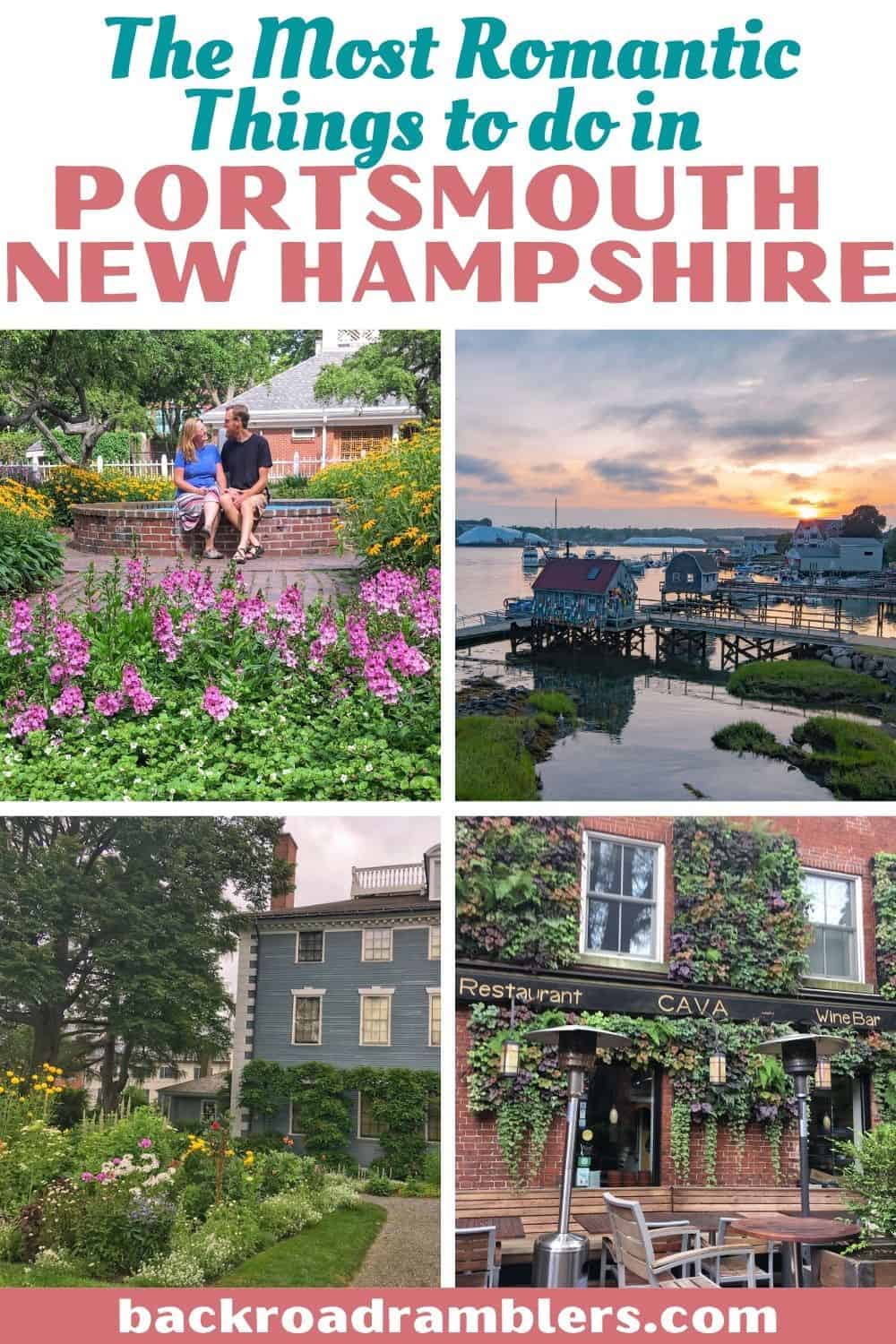 A collage of photos featuring romantic things to do in Portsmouth, NH.