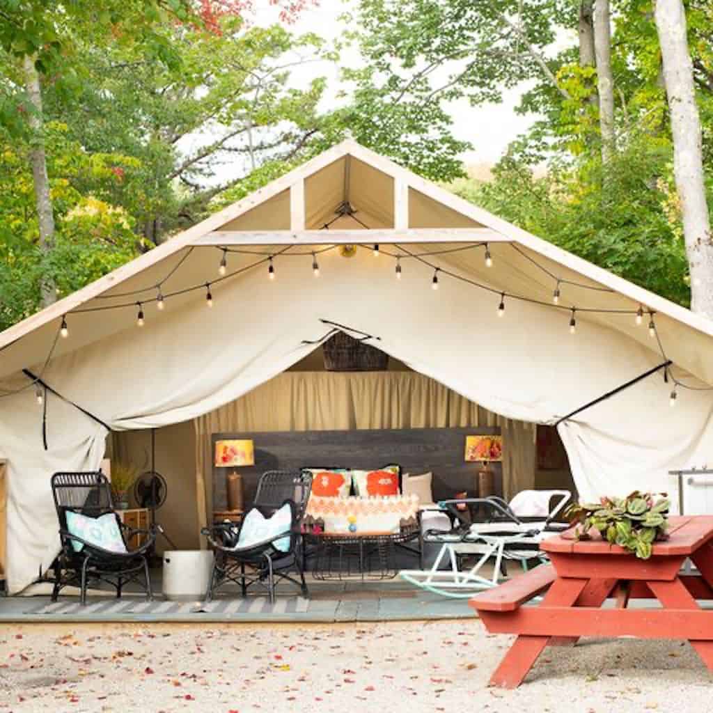 A glamping tent at Sandy Pines Campground in Kennebunkport, Maine. Photo credit: Doug Merriam