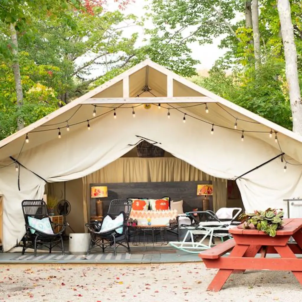 A safari tent at Sandy Pines Campground in Maine. 