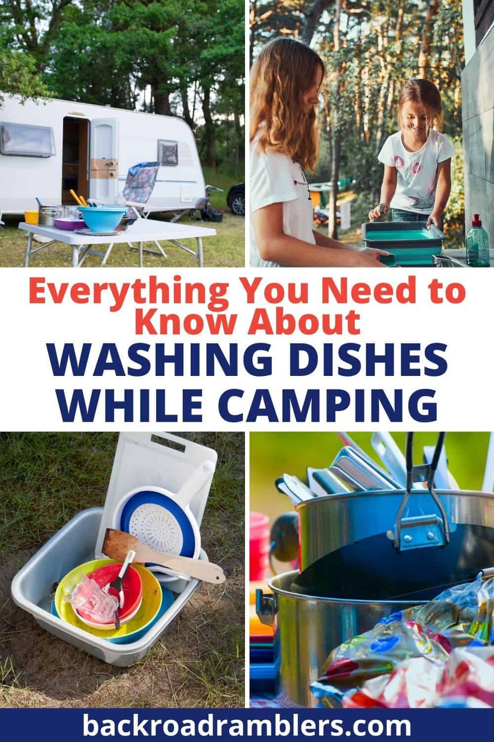 A collage of photos of people washing dishes while camping. Text overlay: How to wash dishes while camping.
