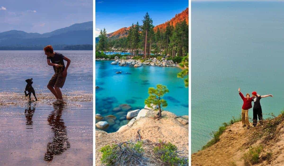 A collage of photos featuring the best lake vacations for families in the USA. From left to right - Lake Champlain, Vermont, Lake Tahoe, and Lake Superior in Michigan.