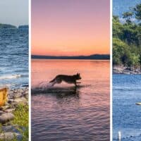 A collage of photos featuring people and dogs on Lake Champlain in Vermont.