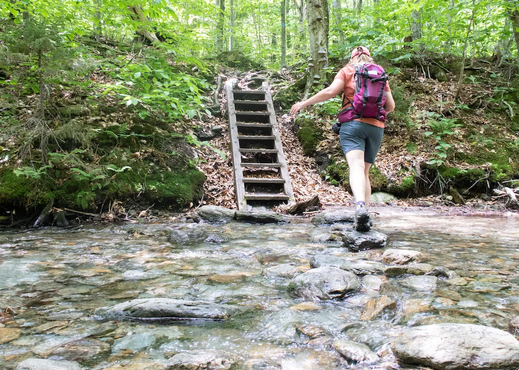 Tara crosses a stream on Vermont's Long Trail and prepares to climb a ladder on the hiking trail. 