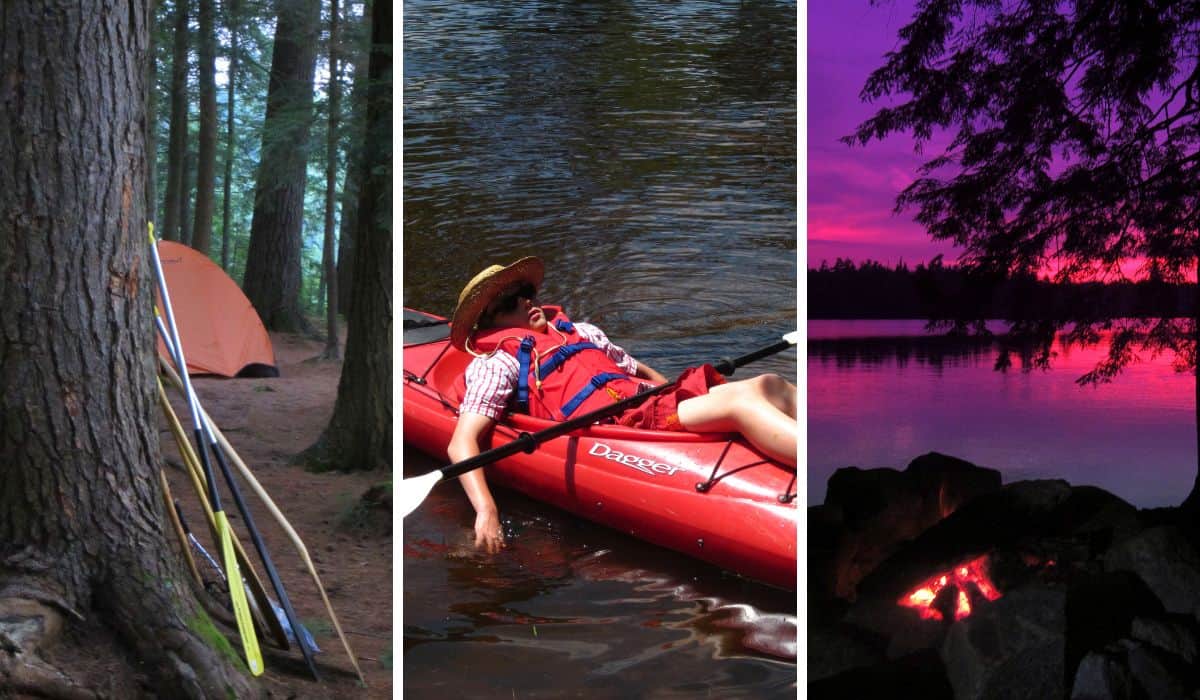 A collage of photos featuring canoe camping in the Adirondacks.