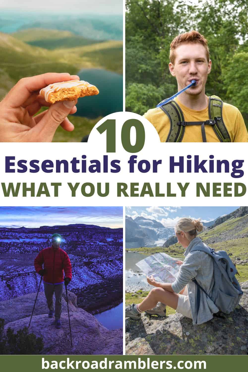 A collage of photos featuring the 10 essentials for hiking. 