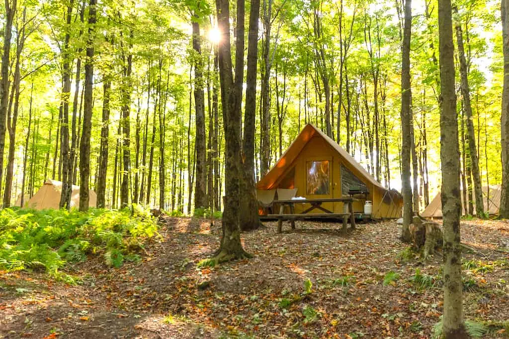 A canvas glamping tent in Quebec. 