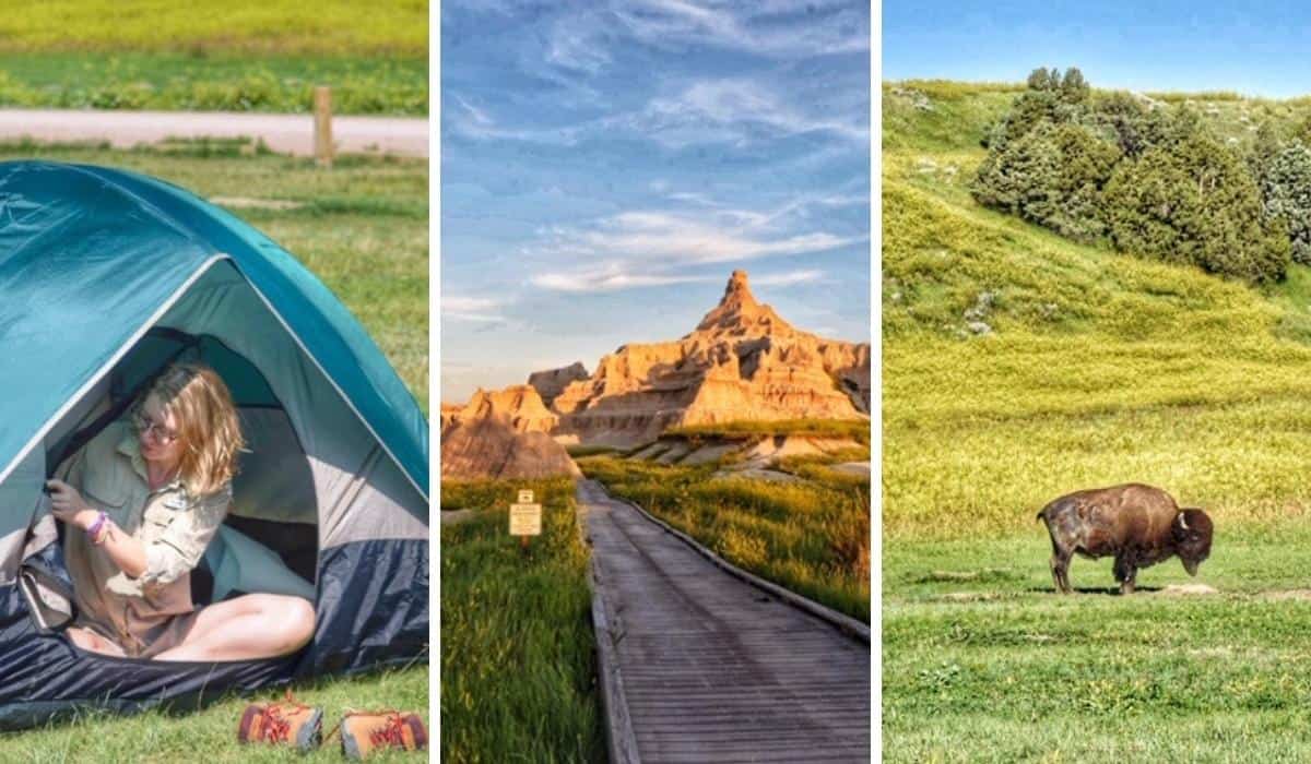 Collage featuring Badlands National Park camping.