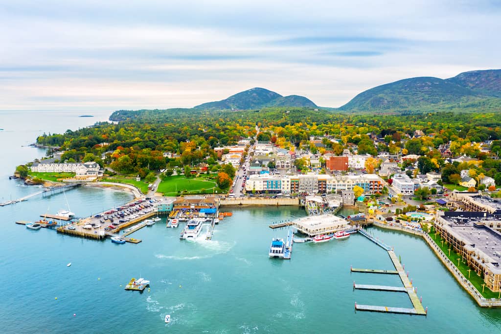 An aerial view of Bar Harbor in Maine, one of the most romantic road trips in New England.