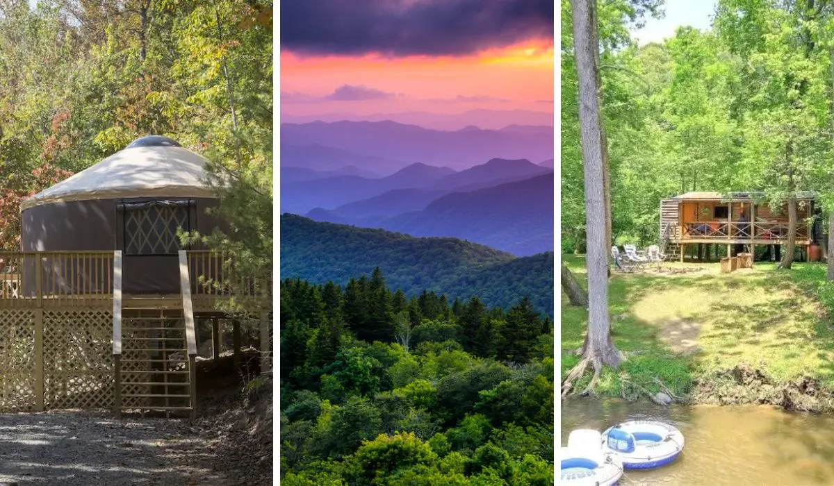 collage of photos featuring glamping on the Blue Ridge Parkway.