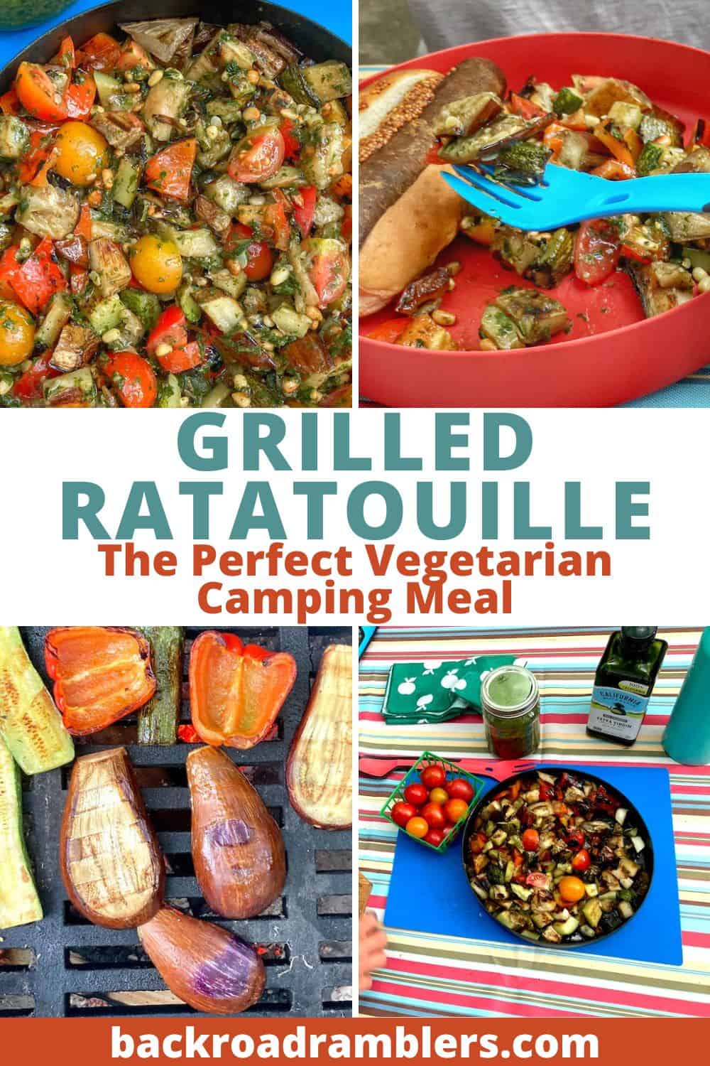 A college of process photos for grilled ratatouille while camping.