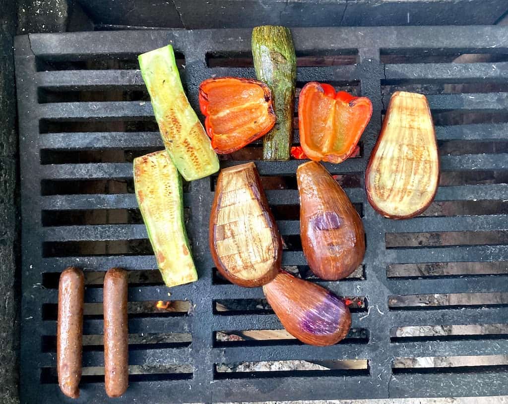 Vegetables roasting over a fire.