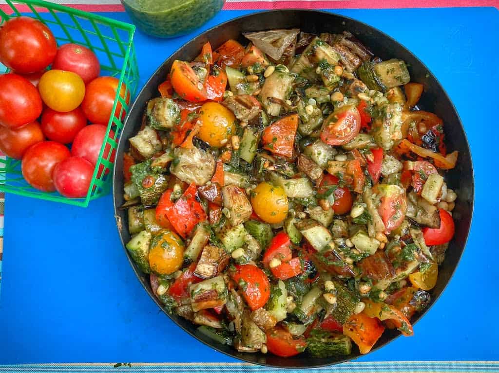 A plate of colorful grilled ratatouille.