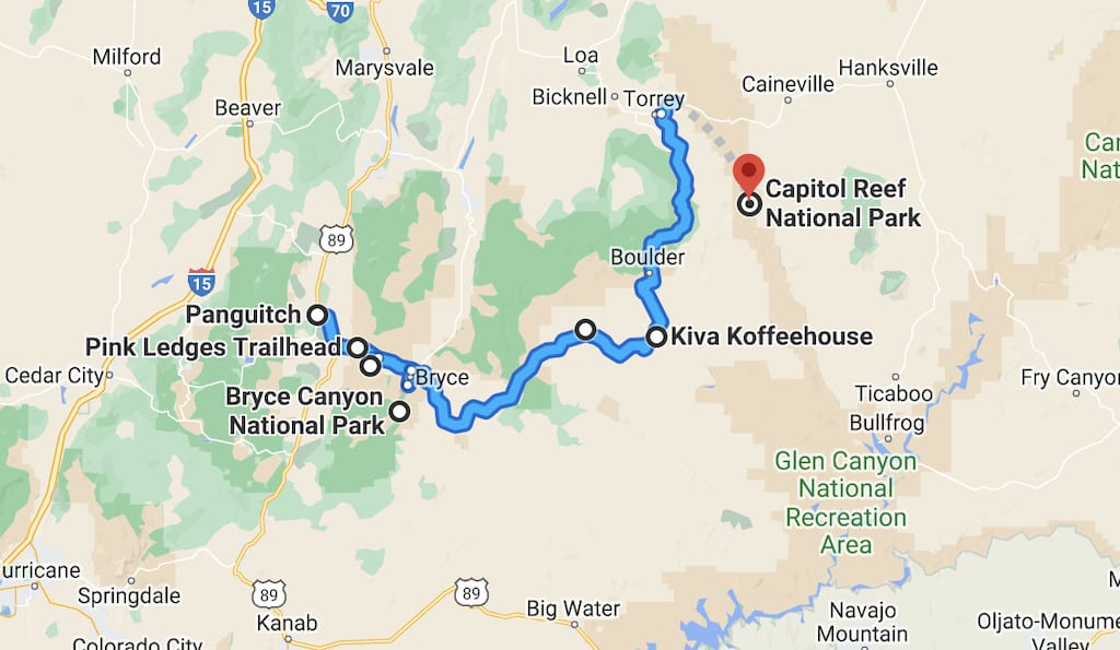 a screenshot of a map featuring the route on Highway 12 in Utah.